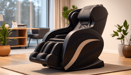 Luxurious Fujiiryoki massage chair in a modern living room, designed for Shiatsu and deep-tissue relaxation.