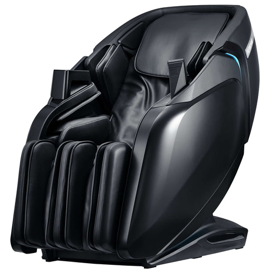 Modern black massage chair with padded seating and advanced ergonomic design