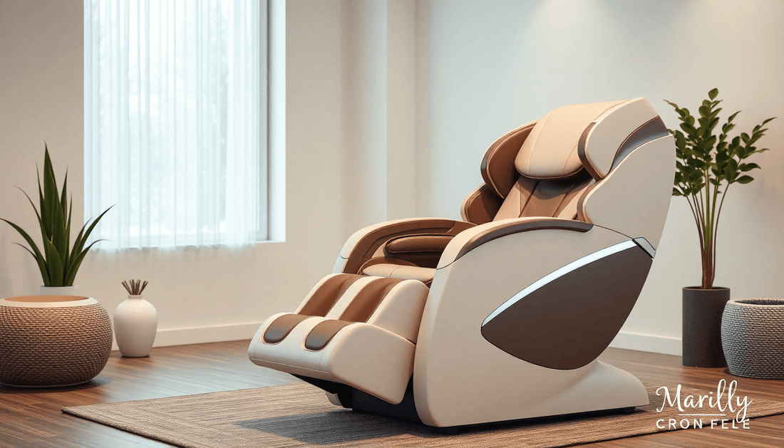 Fujiiryoki massage chair benefits showcased in a modern, stylish interior with plants and natural light.