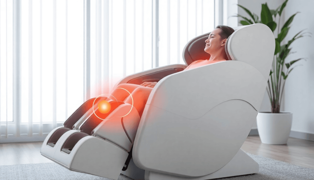Woman relaxing in a Fujiiryoki massage chair targeting specific body parts, showcasing techniques for wellness.