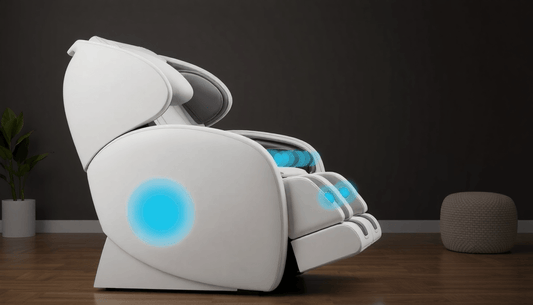 A modern Fujiiryoki massage chair showcasing targeted massage techniques in Fujiiryoki chairs with soothing blue lights.