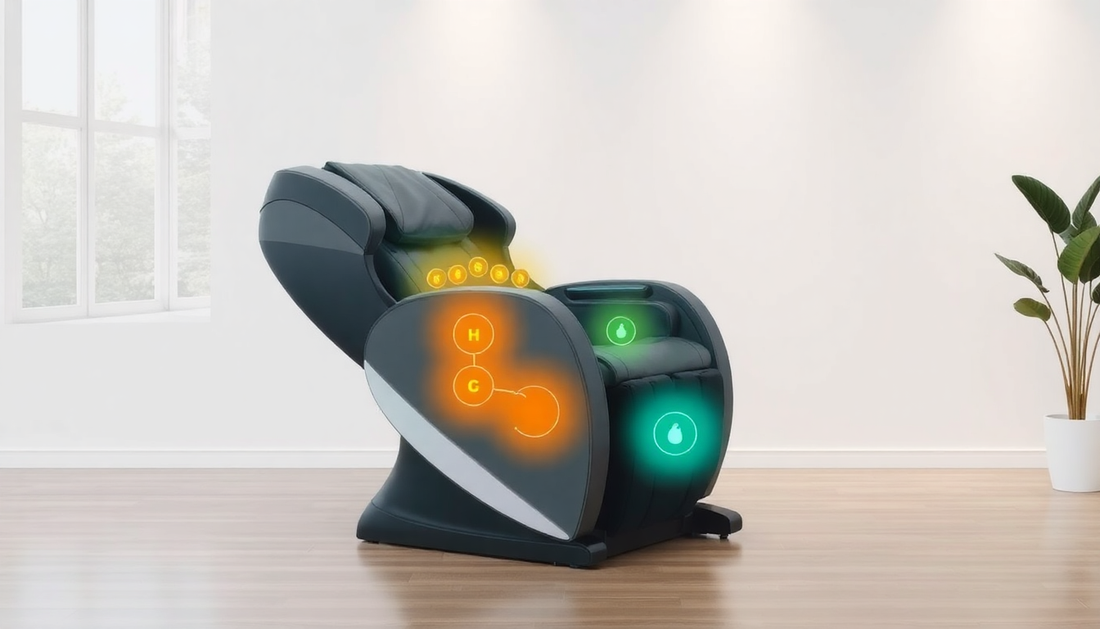Fujiiryoki massage techniques demonstrated on an advanced massage chair in a modern interior.
