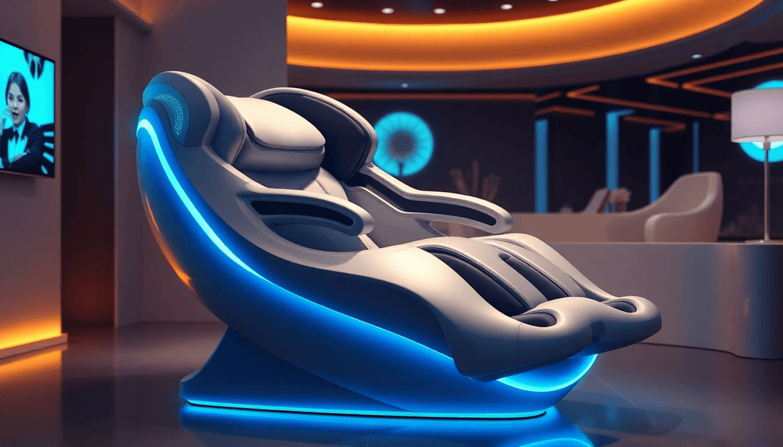 Fujiiryoki targeted massage techniques showcased in an advanced massage chair with futuristic design and glowing edges.
