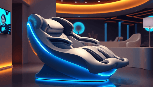 Fujiiryoki targeted massage techniques showcased in an advanced massage chair with futuristic design and glowing edges.
