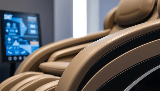 Close-up view of a Fujiiryoki massage chair showcasing its targeted Fujiiryoki massage techniques control panel.