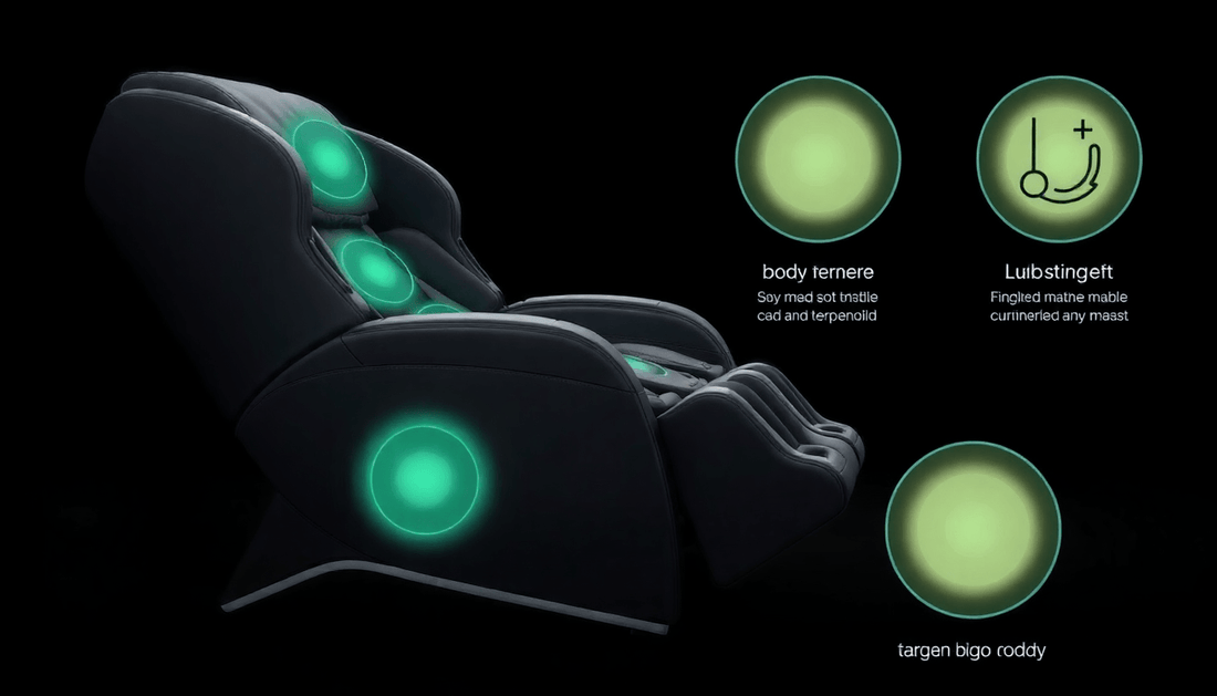 Fujiiryoki massage chair techniques and benefits with glowing nodes highlighting specific massage features.