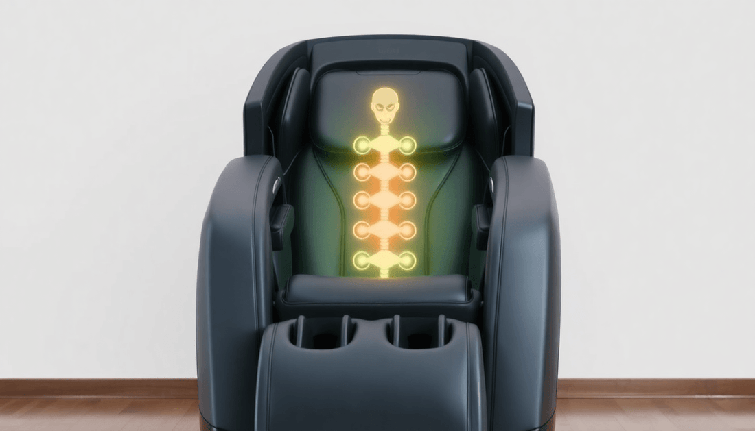 Fujiiryoki massage chair benefits illustrated with a glowing spine diagram in the chair's backrest.