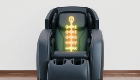 Fujiiryoki massage chair benefits illustrated with a glowing spine diagram in the chair's backrest.