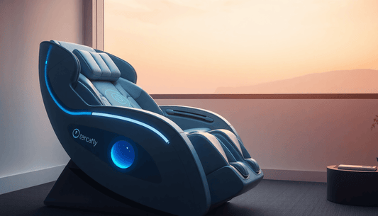 Fujiiryoki massage chairs 2025 in a modern room with sunset view, showcasing advanced wellness technology.