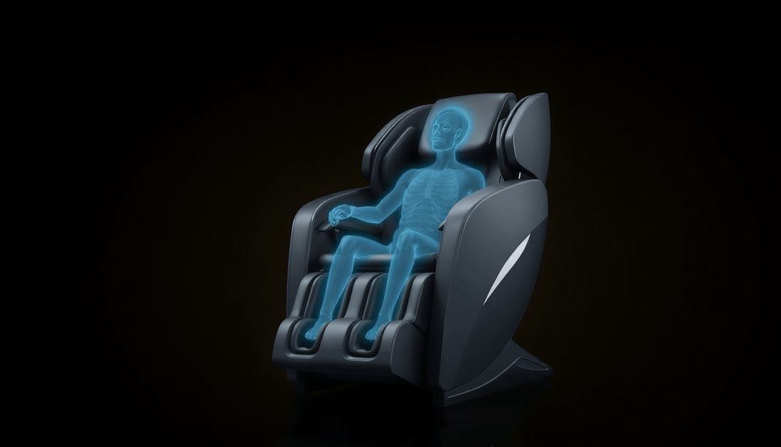 Fujiiryoki massage chair benefits illustrated with a holographic figure demonstrating effective massage techniques.