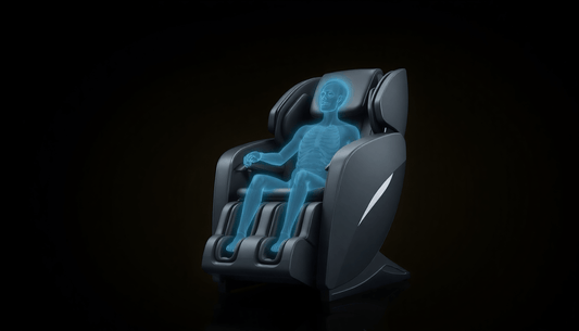 Fujiiryoki massage chair benefits illustrated with a holographic figure demonstrating effective massage techniques.
