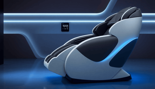 Futuristic Fujiiryoki massage chair in modern setting with ambient lighting and digital display.
