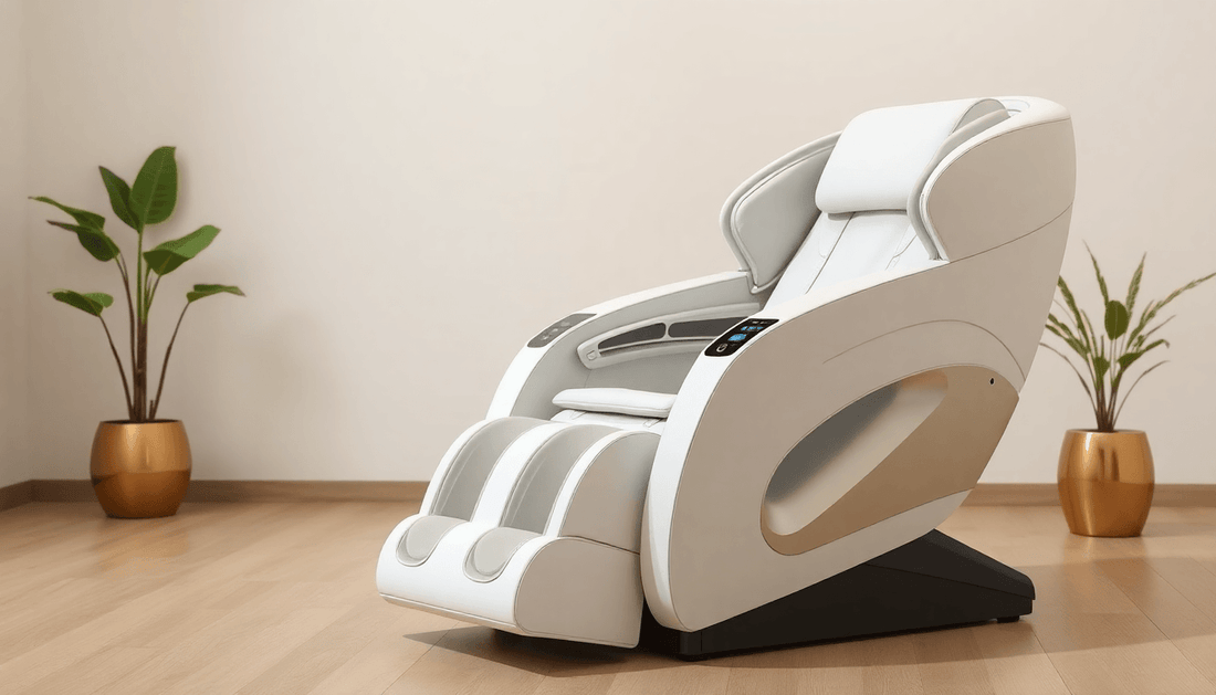 Fujiiryoki massage chair techniques showcased in a modern interior setting with plants and wooden flooring.