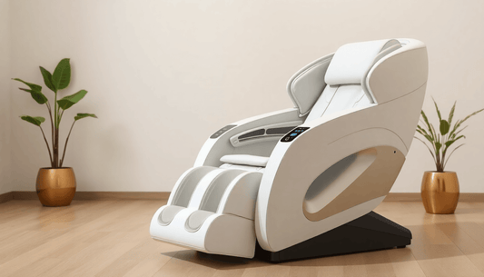 Fujiiryoki massage chair techniques showcased in a modern interior setting with plants and wooden flooring.