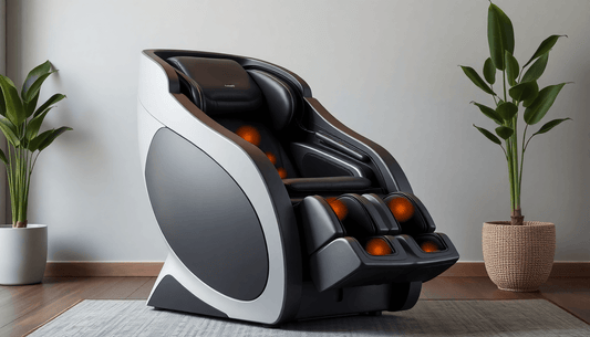 Fujiiryoki massage chair benefits showcased in a modern home setting with indoor plants.