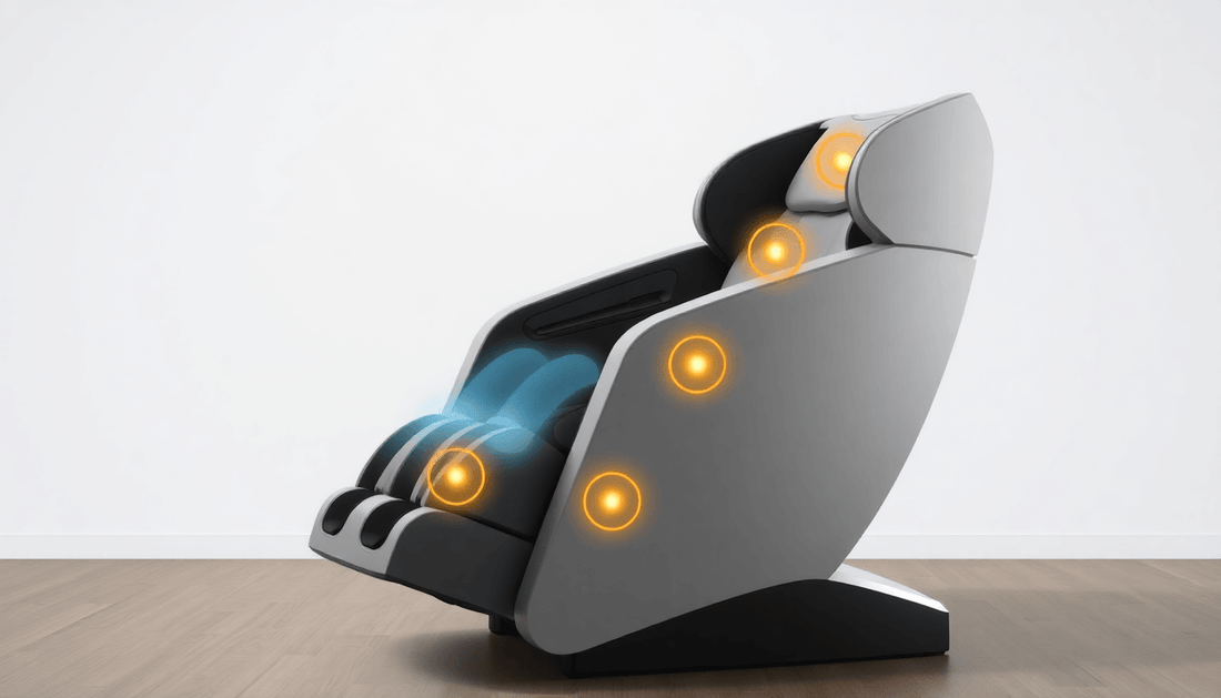 Fujiiryoki targeted massage techniques in a modern massage chair with glowing pressure points.