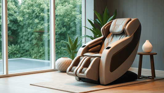 Fujiiryoki massage chairs benefits showcased in a modern living space with greenery.