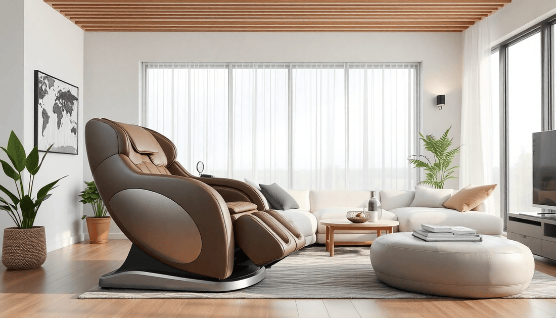 Modern living room featuring a Fujiiryoki massage chair, showcasing comfort and style for wellness enthusiasts.
